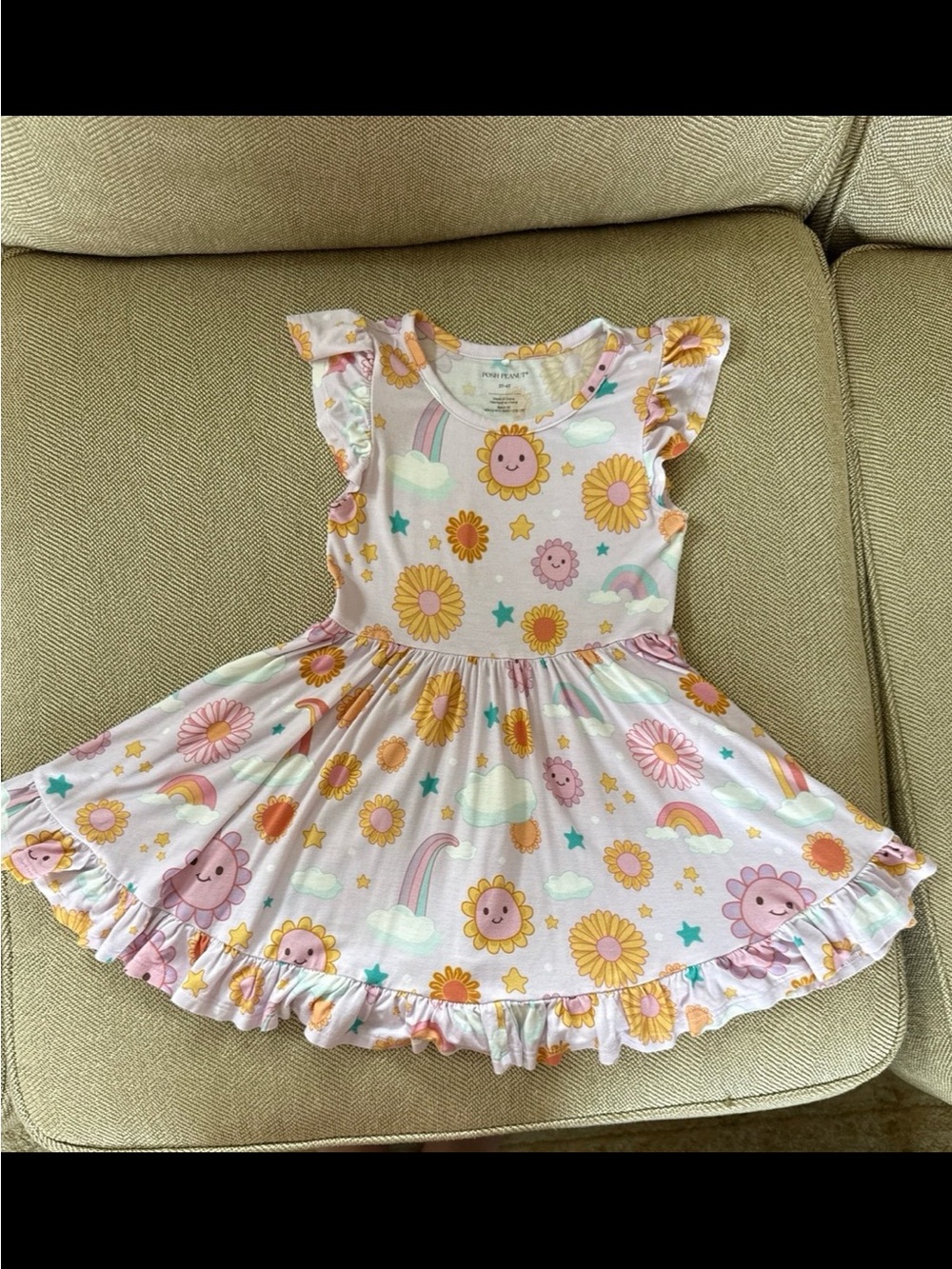 Posh Peqnut Sunny Smiles Pink Floral & Rainbow Ruffle Dress for Kids